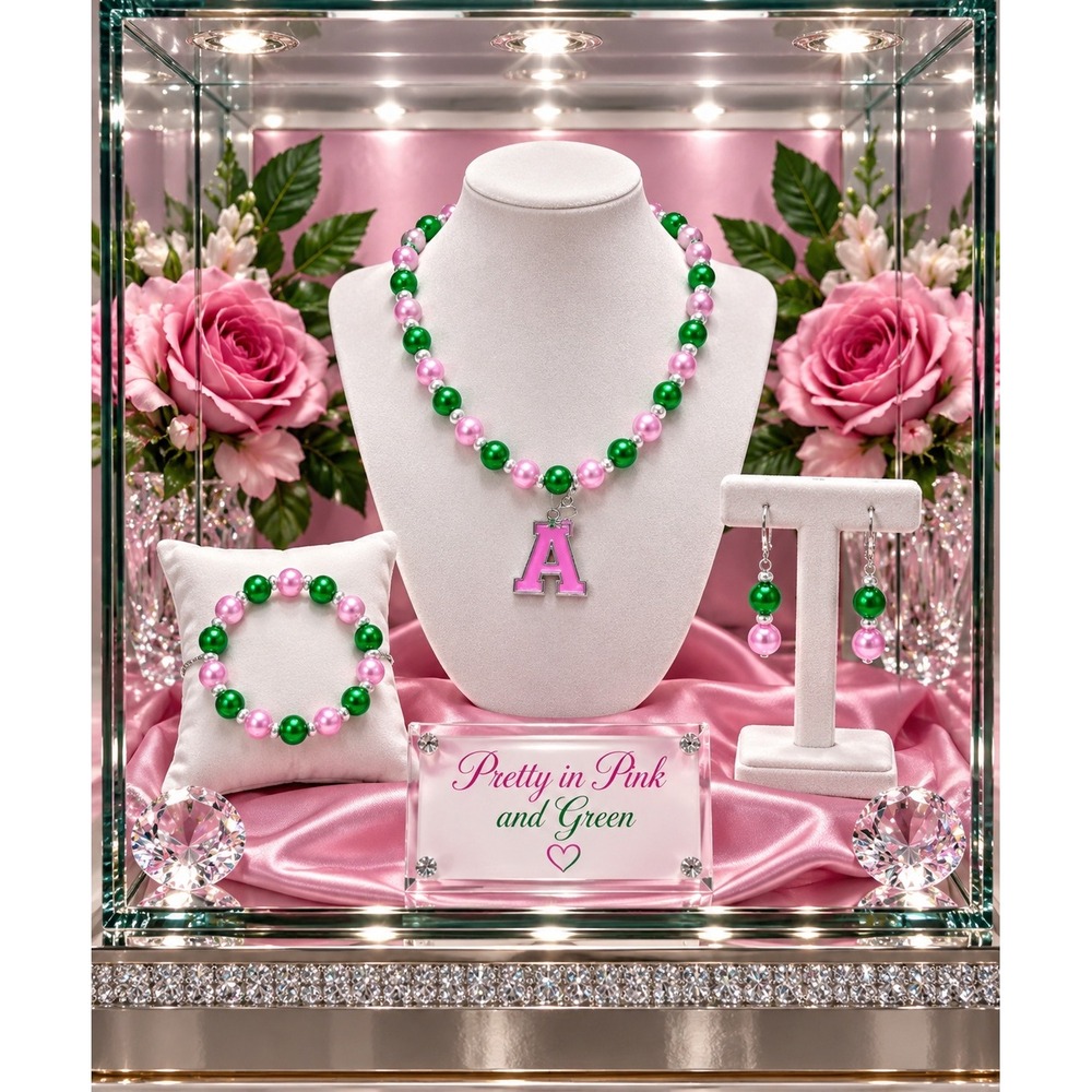 AKA Alpha Kappa Alpha Jewelry Set Pink and Green Necklace, Earrings, Bracelet